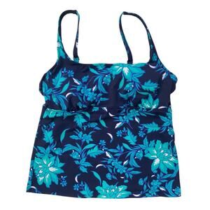 Lands End Womens 10 Petite Tankini Swim Top Square Neck Underwire Navy Floral